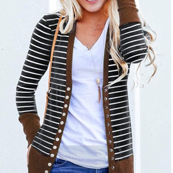 Steven McQueen Sweaters - Black White Stripe Snap Cardi Dark Brown Trim NWT